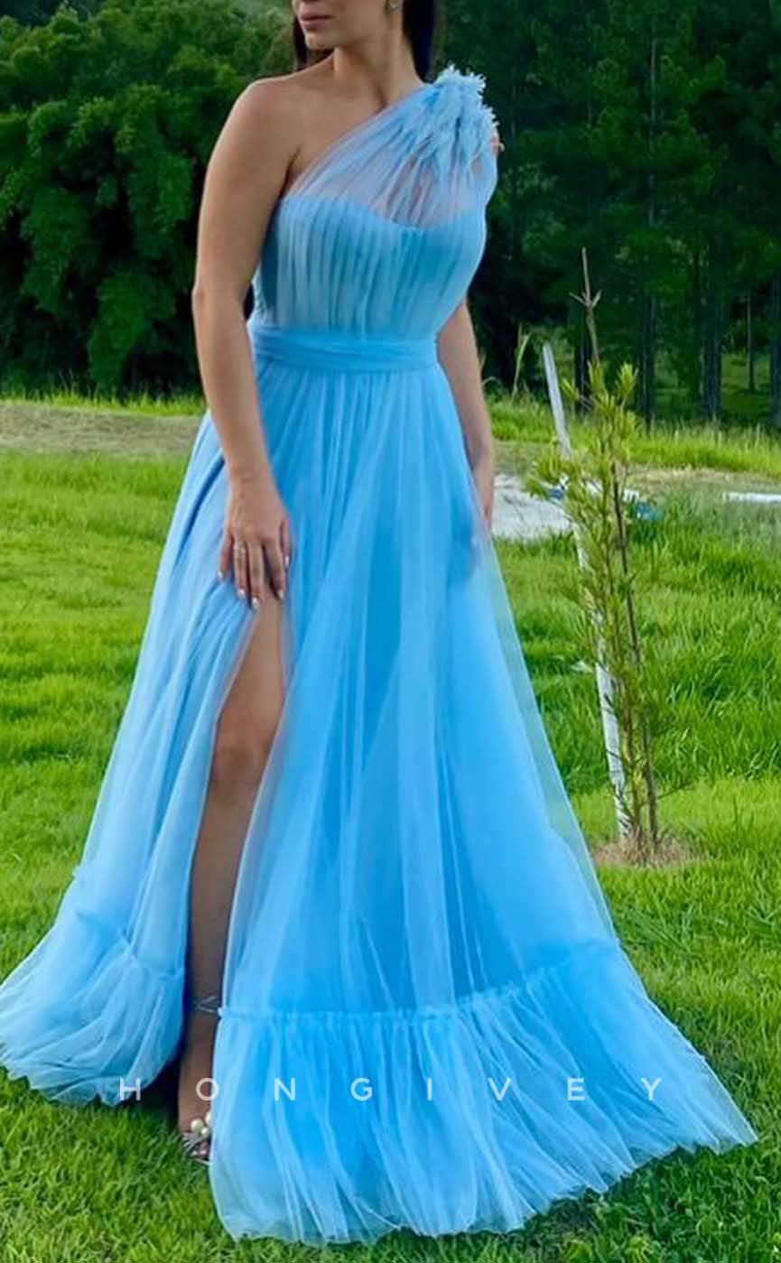 L2868 - Tulle A-Line One Shoulder Sleeveless With Side Slit Party Prom Evening Dress - Fashionpara