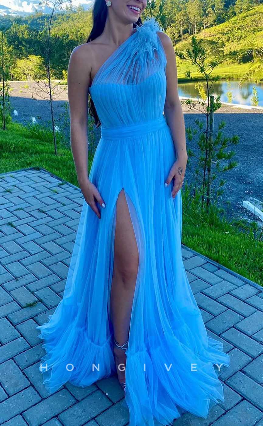 L2868 - Tulle A-Line One Shoulder Sleeveless With Side Slit Party Prom Evening Dress - Fashionpara