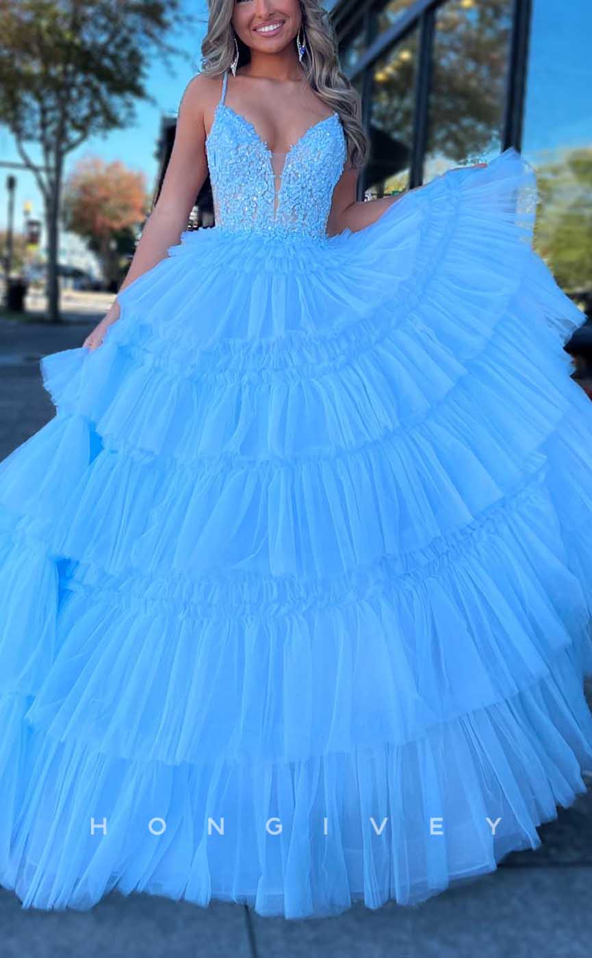 L2851 - V-Neck A-Line Appliques Tiered Tulle Party Prom Evening Dress - Fashionpara