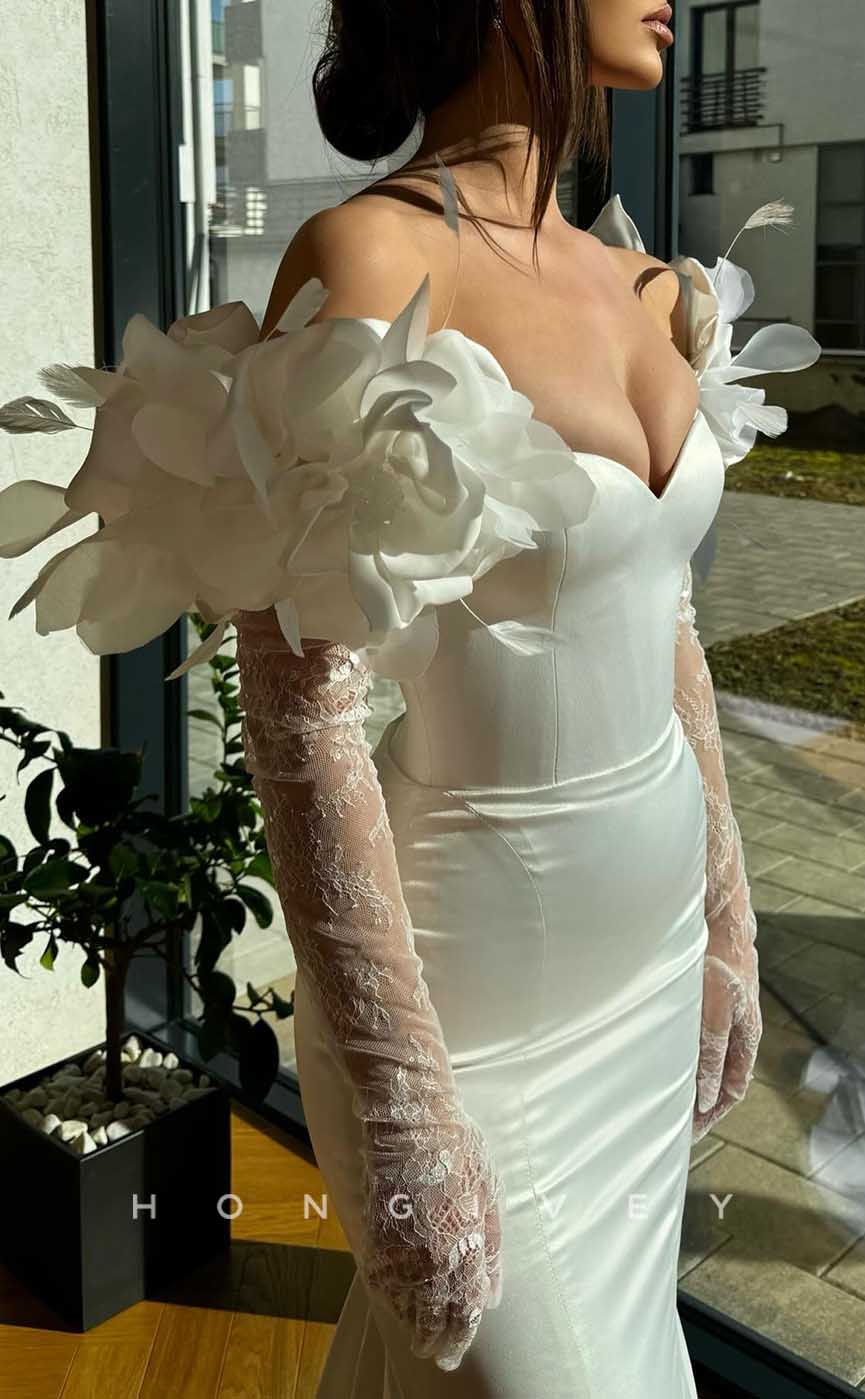 L2849 - Sweetheart Long Sleeve Floral Embellished Trumpet Party Prom Evening Dress - Fashionpara