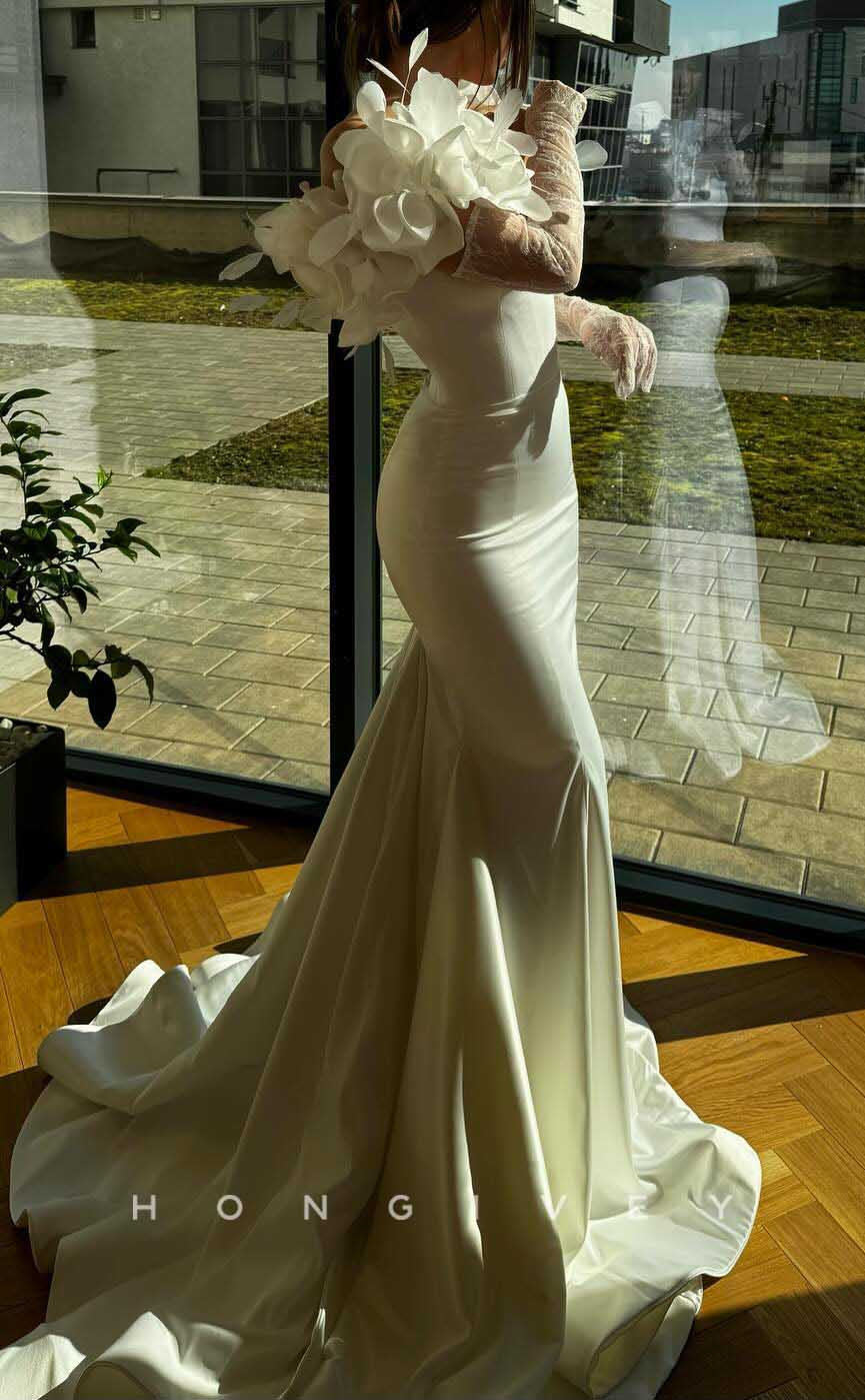 L2849 - Sweetheart Long Sleeve Floral Embellished Trumpet Party Prom Evening Dress - Fashionpara