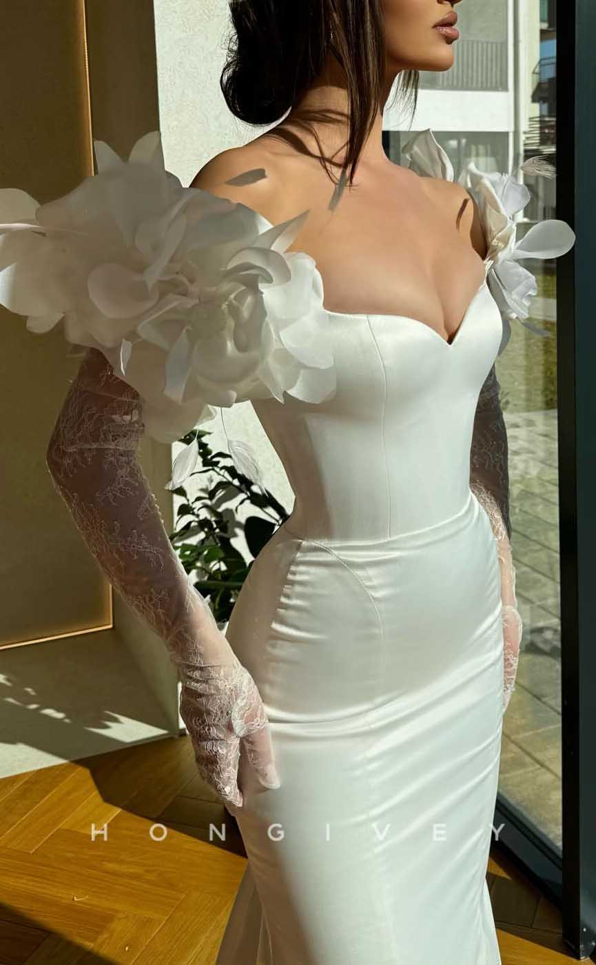 L2849 - Sweetheart Long Sleeve Floral Embellished Trumpet Party Prom Evening Dress - Fashionpara