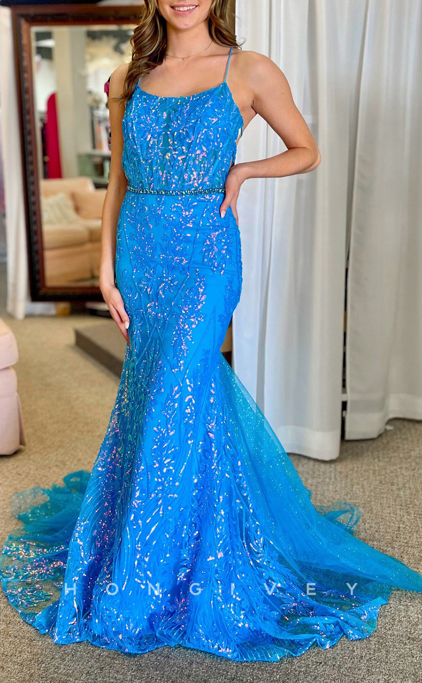 L2783 - Sparkly Bateau Spaghetti Straps Lace Applique Trumpet Party Prom Evening Dress - Fashionpara