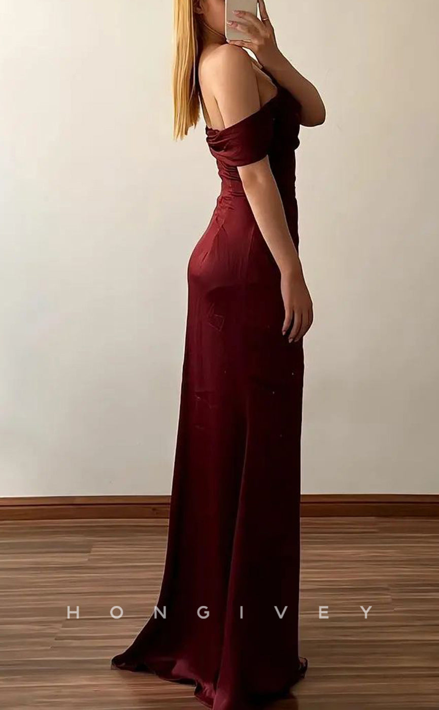 L2768 - Satin Fitted Off-Shoulder Ruched With Side Slit Party Prom Evening Dress - Fashionpara