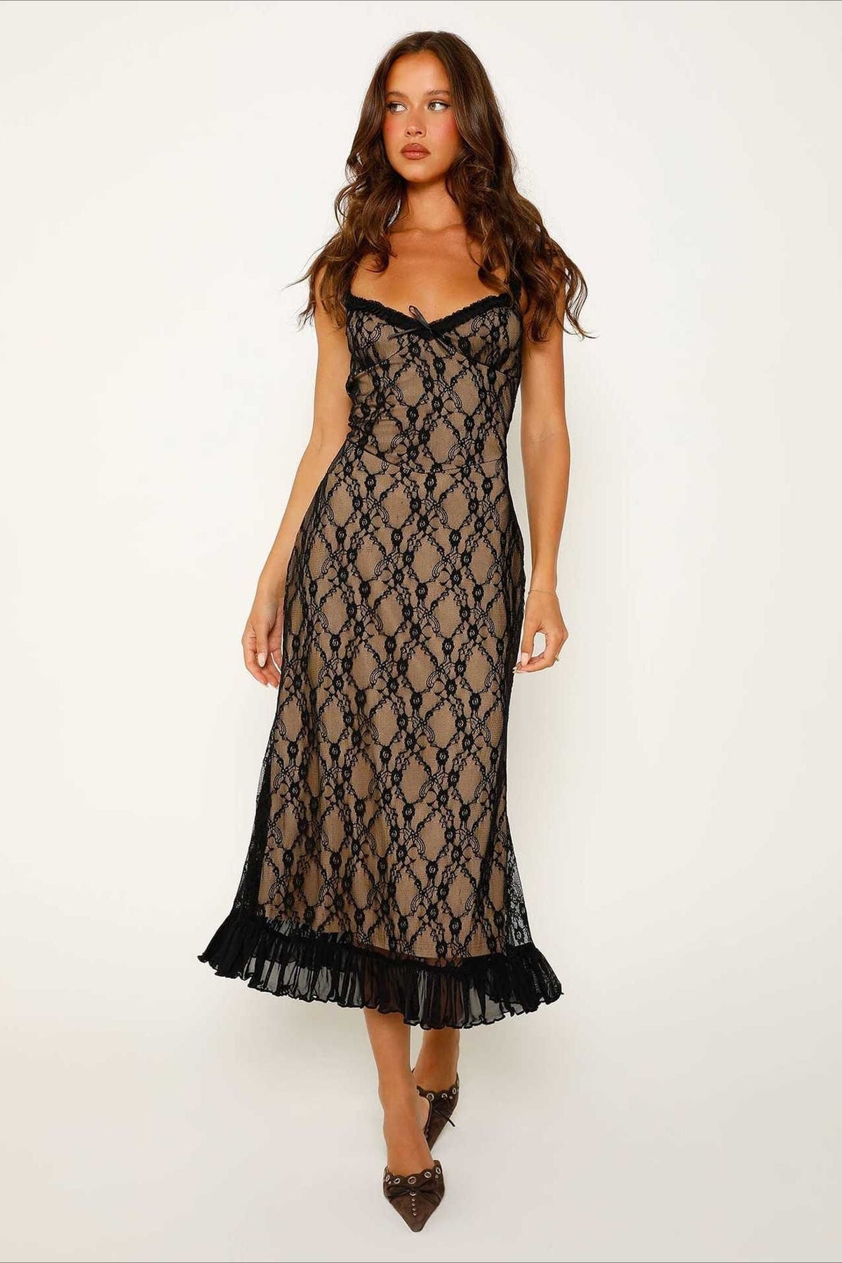 Spaghetti Strap Lace Overlay Ruffle Hem Bodycon Midi Dress - View 5