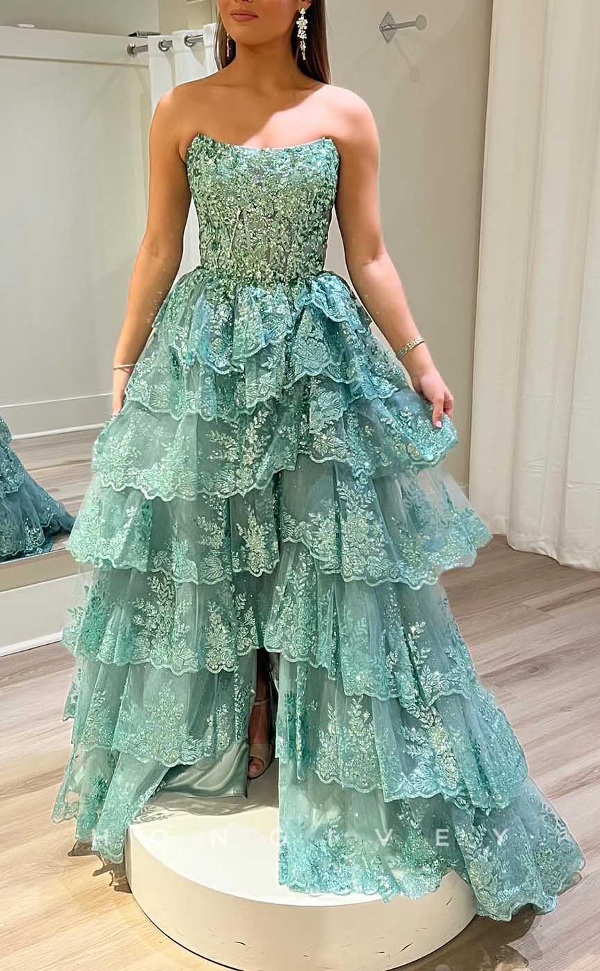 L2852 - Bateau A-Line Beaded Lace With Side Slit Party Prom Evening Dress - Fashionpara
