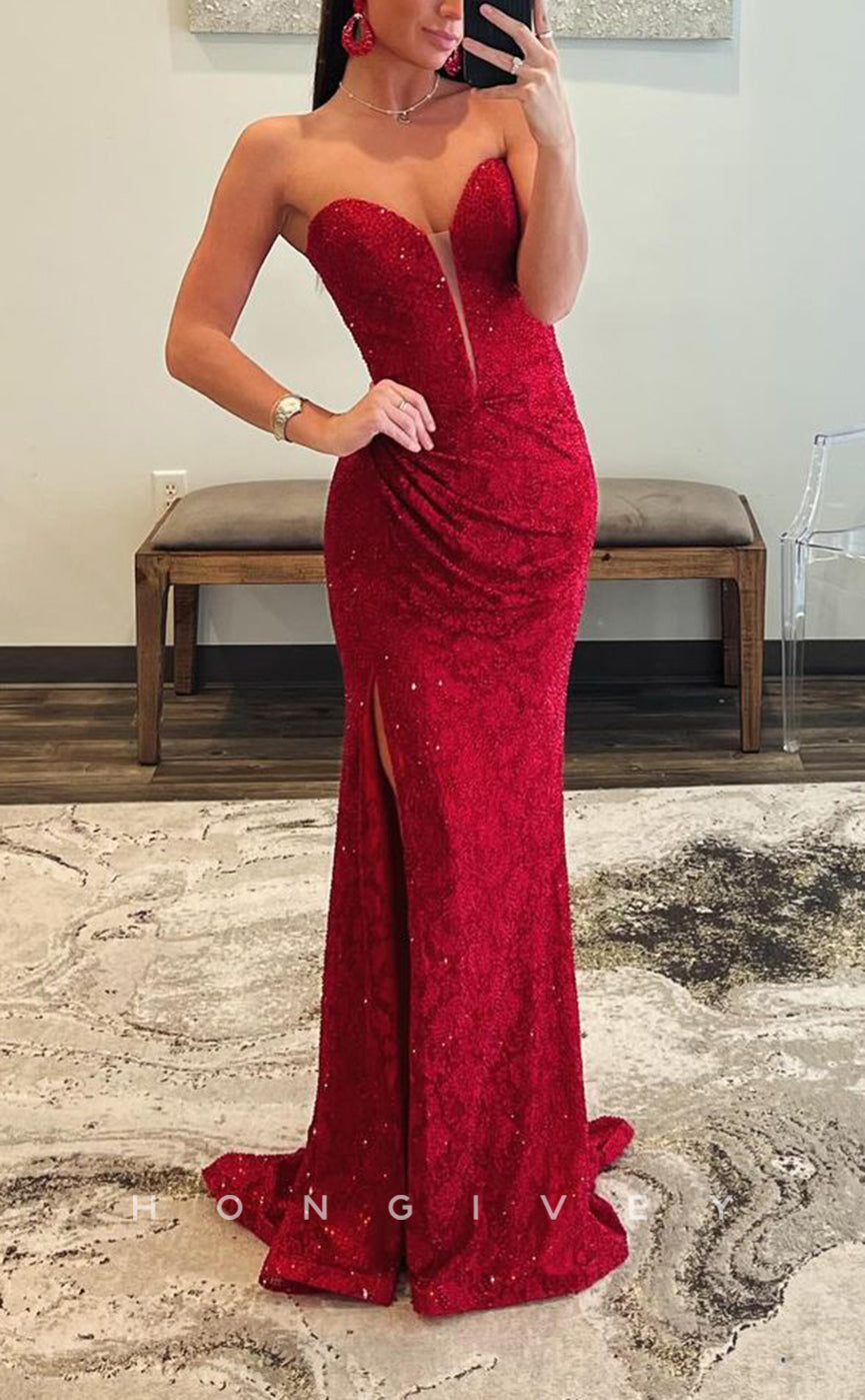 L2788 - Sweetheart Strapless Beaded Appliques With Side Slit Party Prom Evening Dress - Fashionpara
