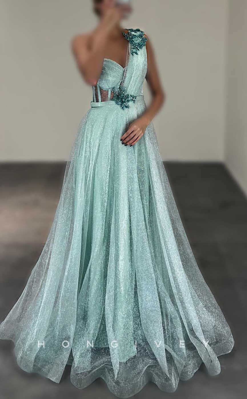 L2845 - One Shoulder Tulle A-Line Glitter Floral Embellished Party Prom Evening Dress - Fashionpara