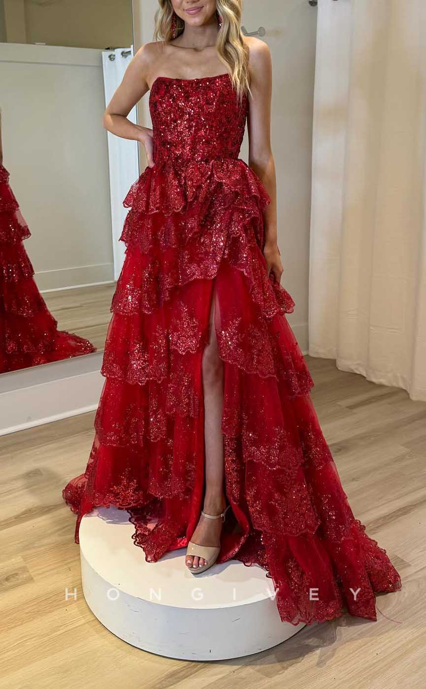 L2852 - Bateau A-Line Beaded Lace With Side Slit Party Prom Evening Dress - Fashionpara