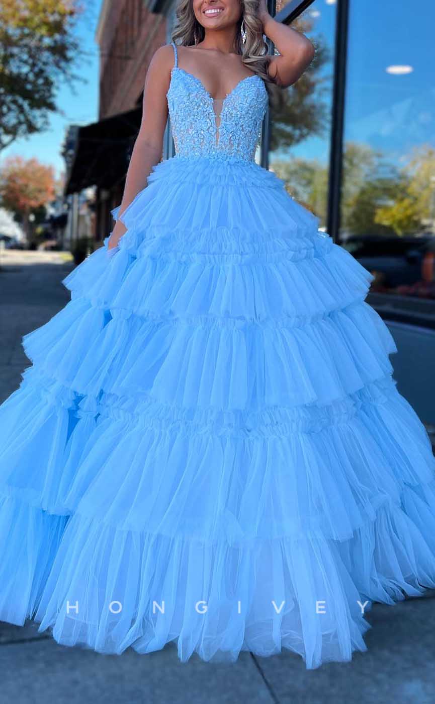 L2851 - V-Neck A-Line Appliques Tiered Tulle Party Prom Evening Dress - Fashionpara