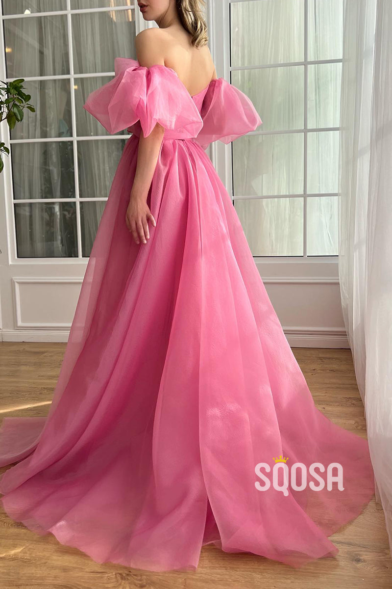 L2814 - Puff Sleeves V-Neck A-Line Tulle With Side Slit Party Prom Evening Dress - Fashionpara