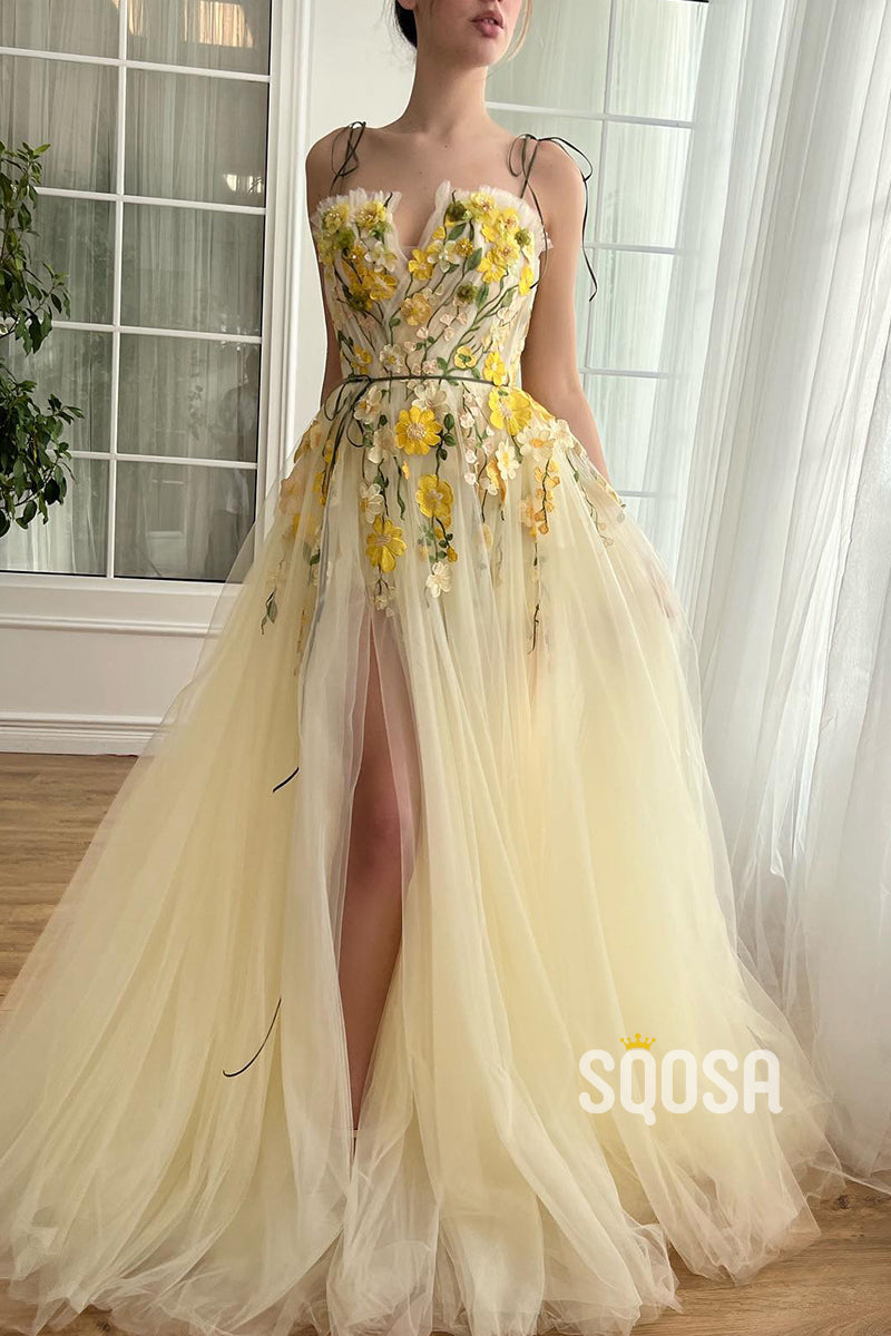 L2813 - Tulle A-Line Spaghetti Straps Floral Appliqued With Side Slit Party Prom Evening Dress - Fashionpara