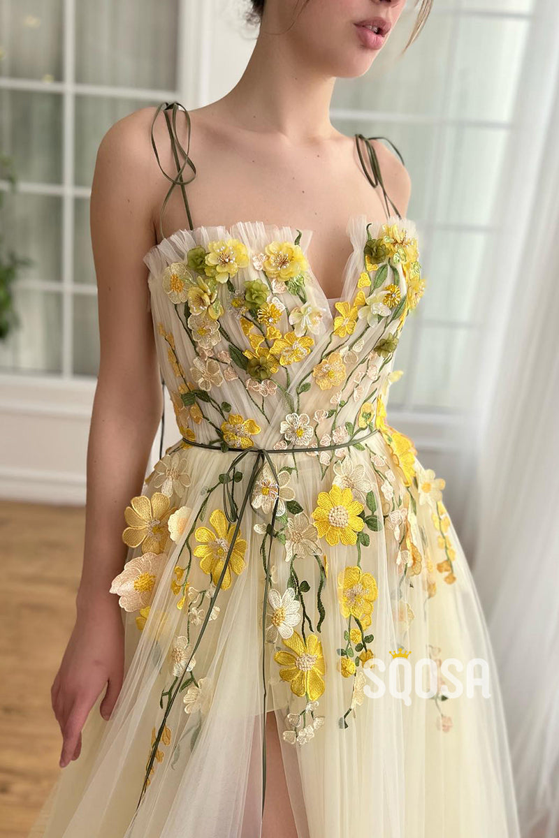 L2813 - Tulle A-Line Spaghetti Straps Floral Appliqued With Side Slit Party Prom Evening Dress - Fashionpara