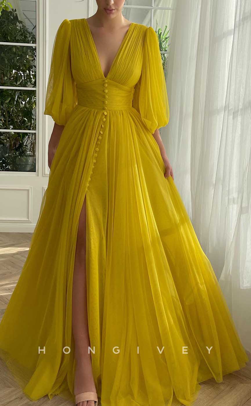 L2858 - Tulle A-Line V-Neck 3/4 Sleeves With Side Slit Party Prom Evening Dress - Fashionpara