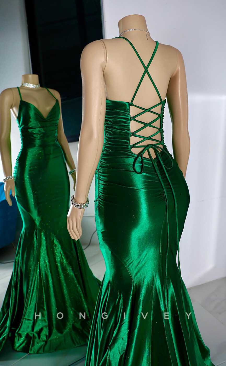 L2873 - Satin Trumpet V-Neck Spaghetti Straps Prom Evening Dress For Black Girls - Fashionpara