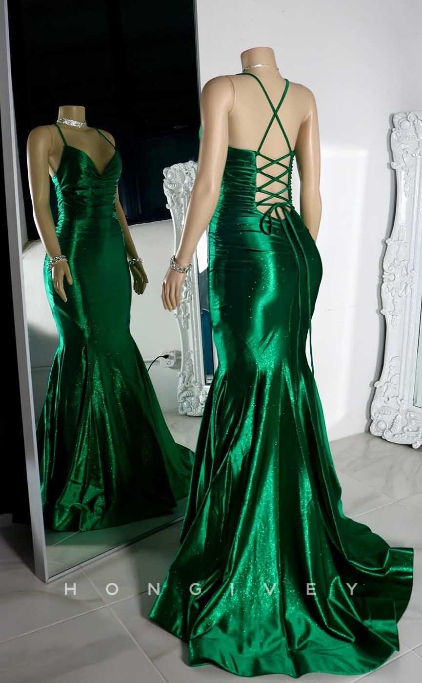 L2873 - Satin Trumpet V-Neck Spaghetti Straps Prom Evening Dress For Black Girls - Fashionpara