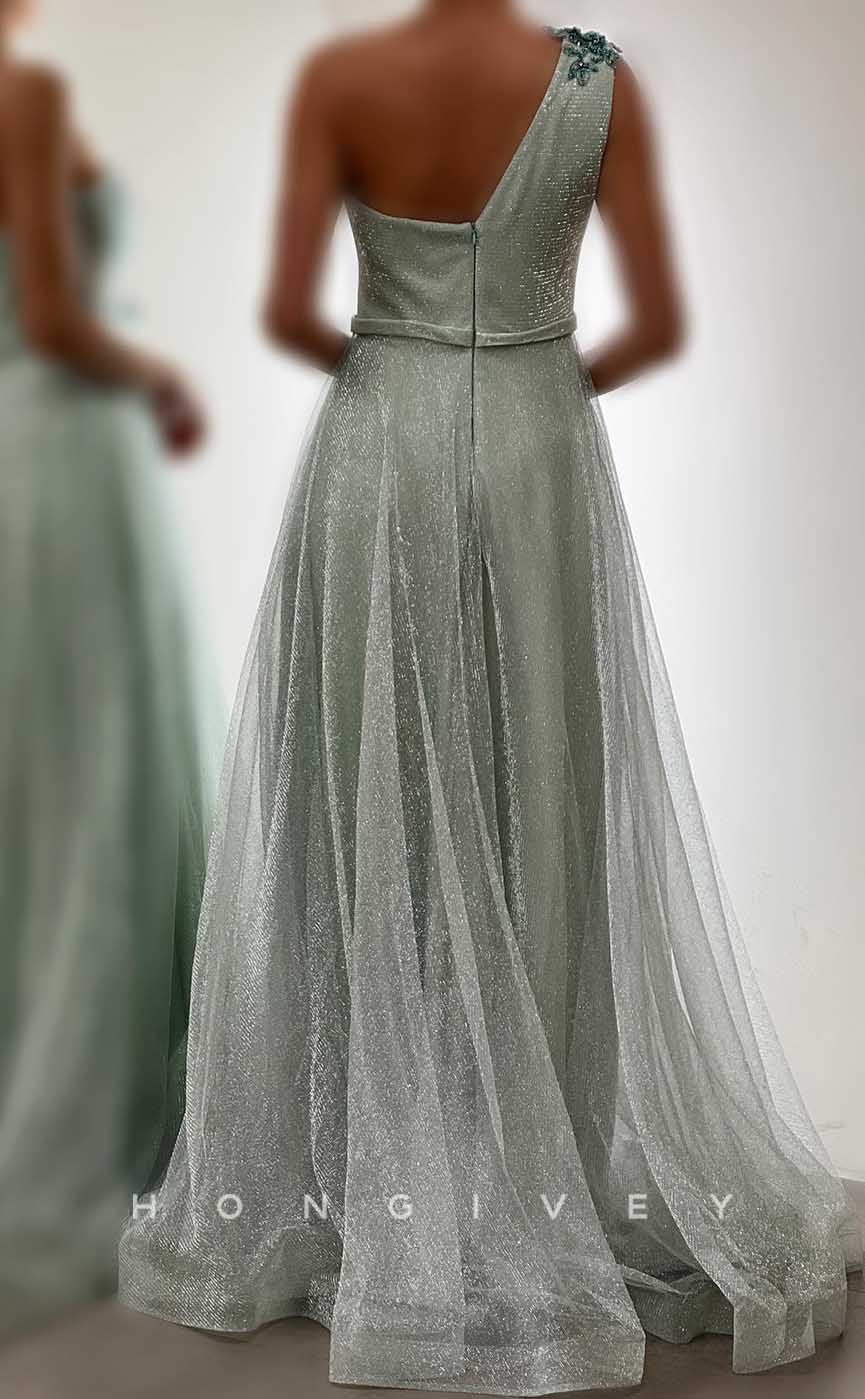 L2845 - One Shoulder Tulle A-Line Glitter Floral Embellished Party Prom Evening Dress - Fashionpara