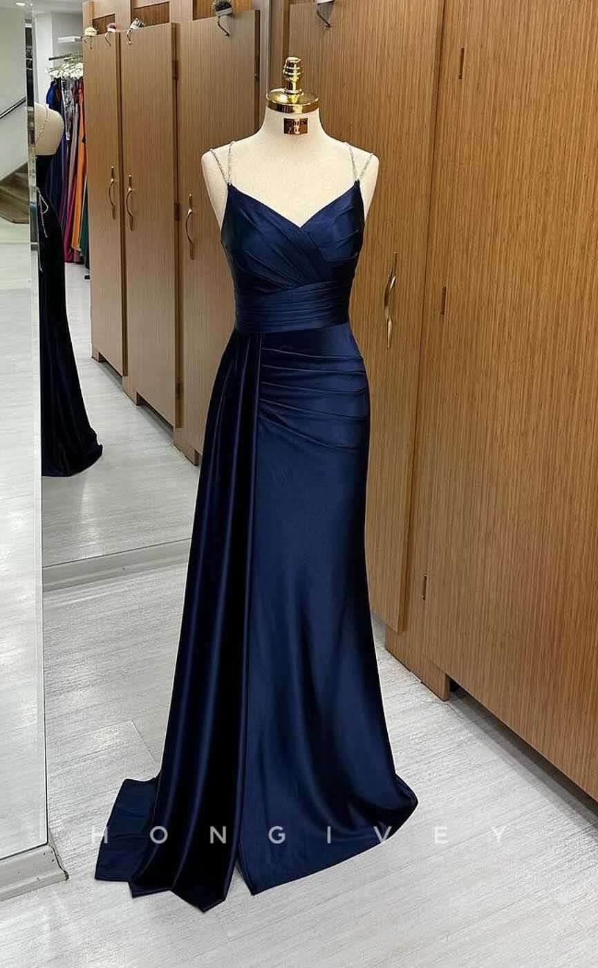 L2877 - V-Neck Spaghetti Straps Ruched With Train Party Prom Evening Dress - Fashionpara