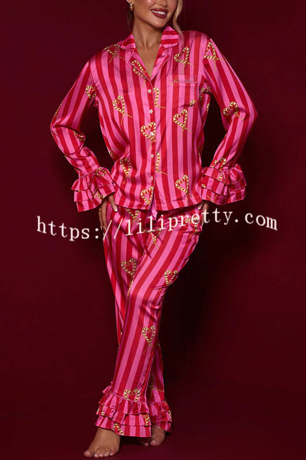Festive Season Long Candy Stripe Tiered Bell Cuffs Elastic Waist Pocketed Pajama Set - Fashionpara