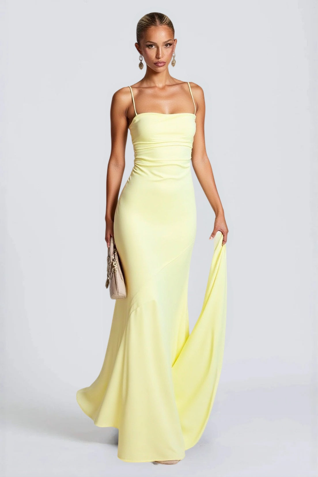 Satin Cowl Neck Spaghetti Strap Fishtail Gown