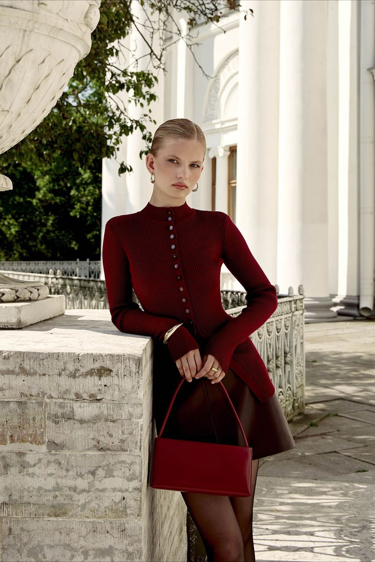 Single-Breasted Rib-Knit Slim Long Sleeve Blouse