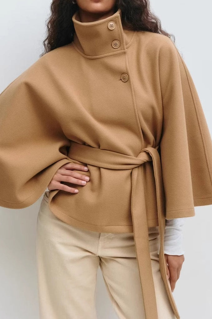 Belted Trench Coat with Cape Collar - Elegant Solid Color