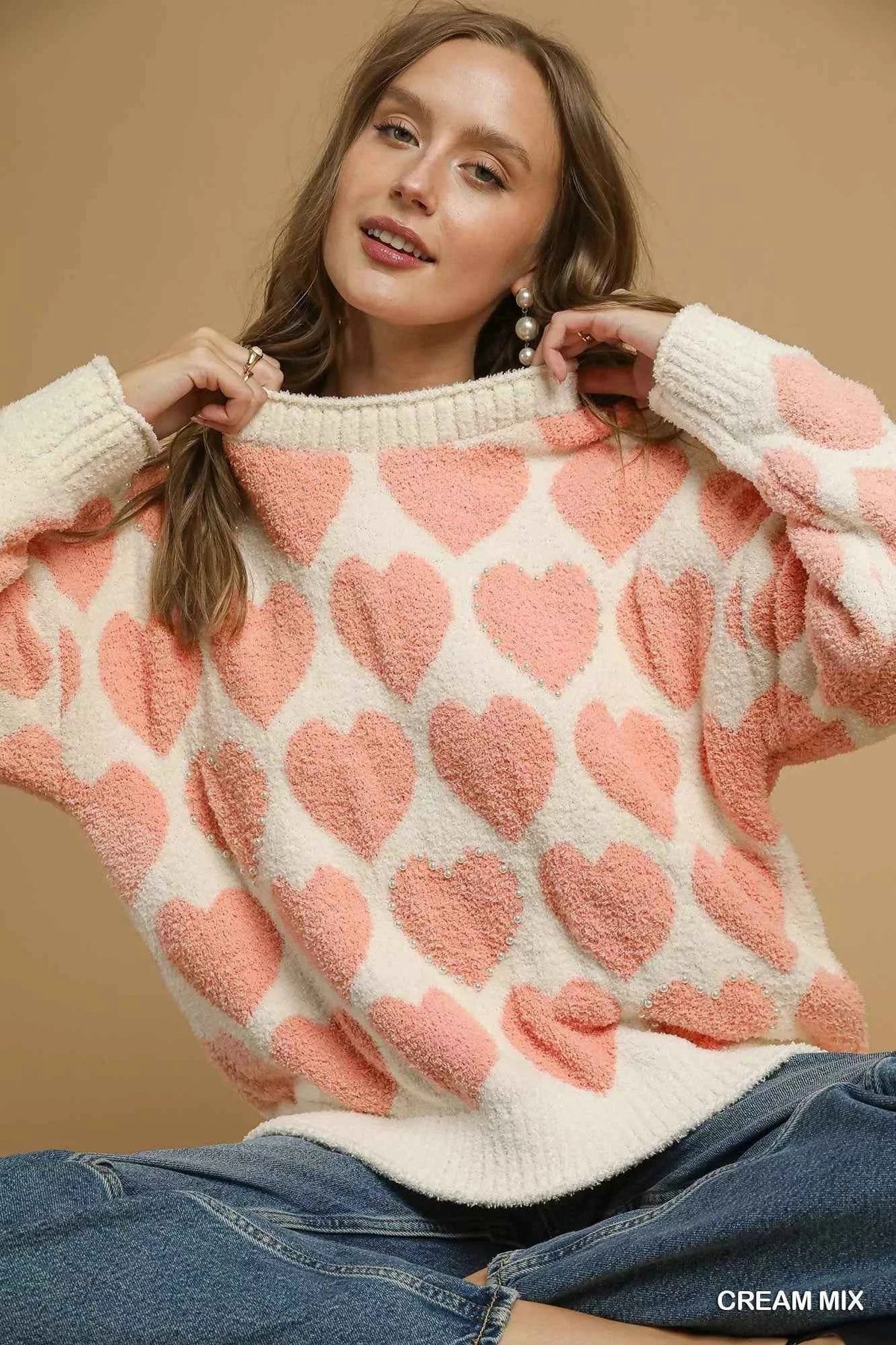 Mix Heart Pattern Pearl Accent Sweater 2