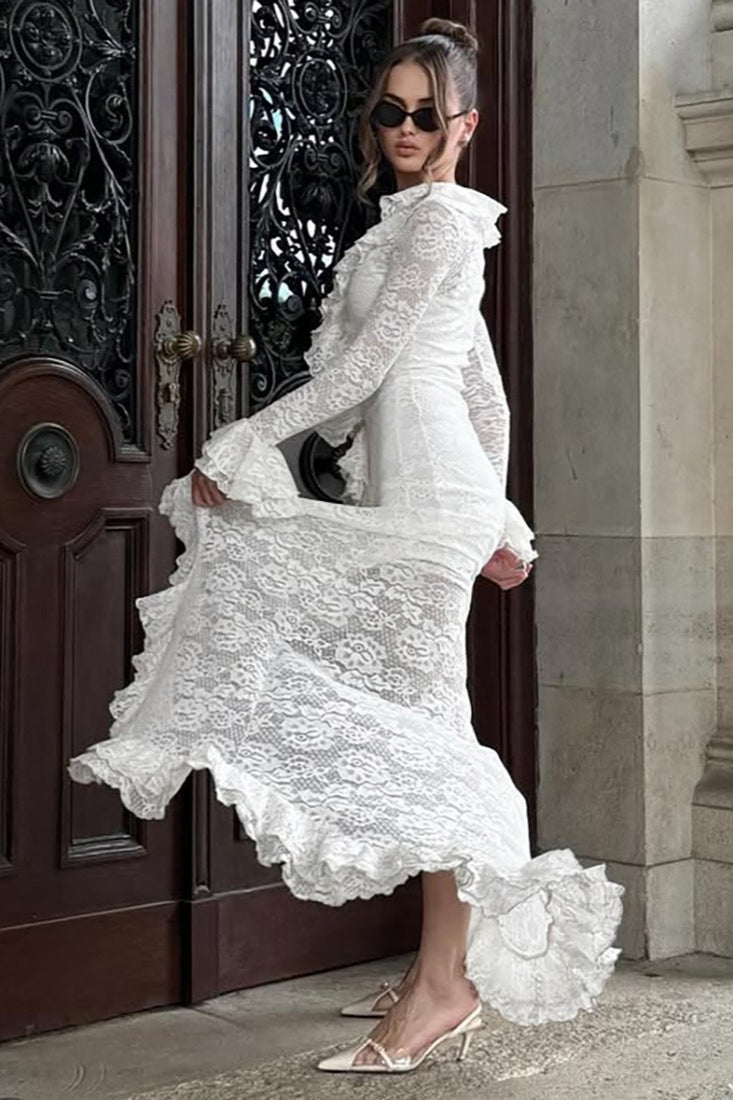 Lace Long Sleeve Deep V-Neck Ruffle Trim High Low Maxi Gown - View 5