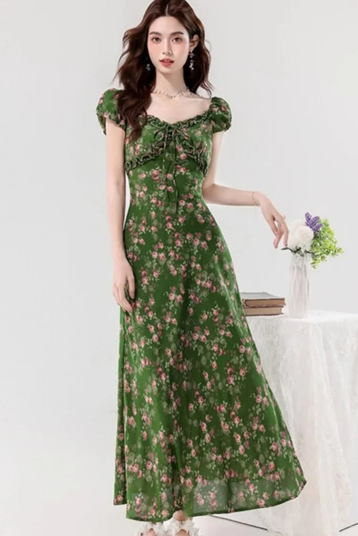 Floral Print Sweetheart Ruffle Puff Sleeve A-Line Maxi Dress
