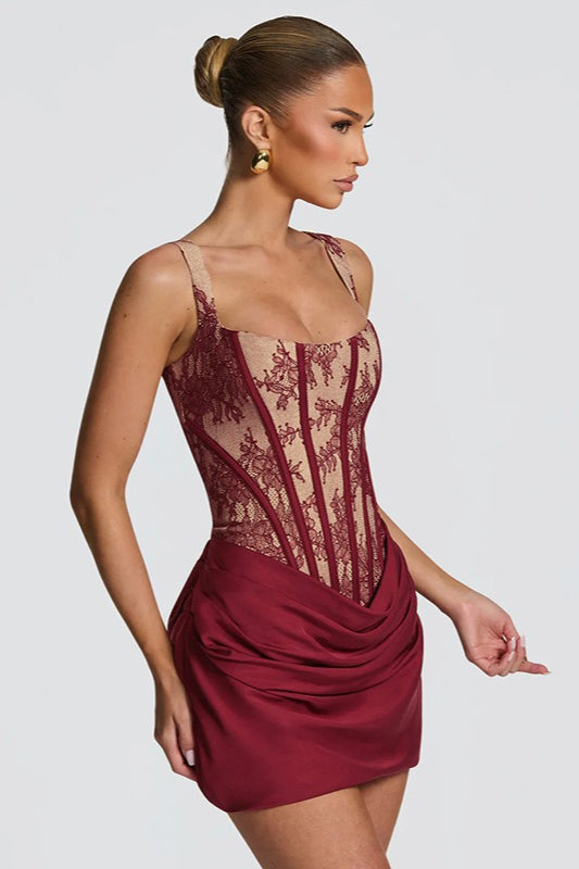 Square-Neck Lace Corset Ruched Satin Mini Dress
