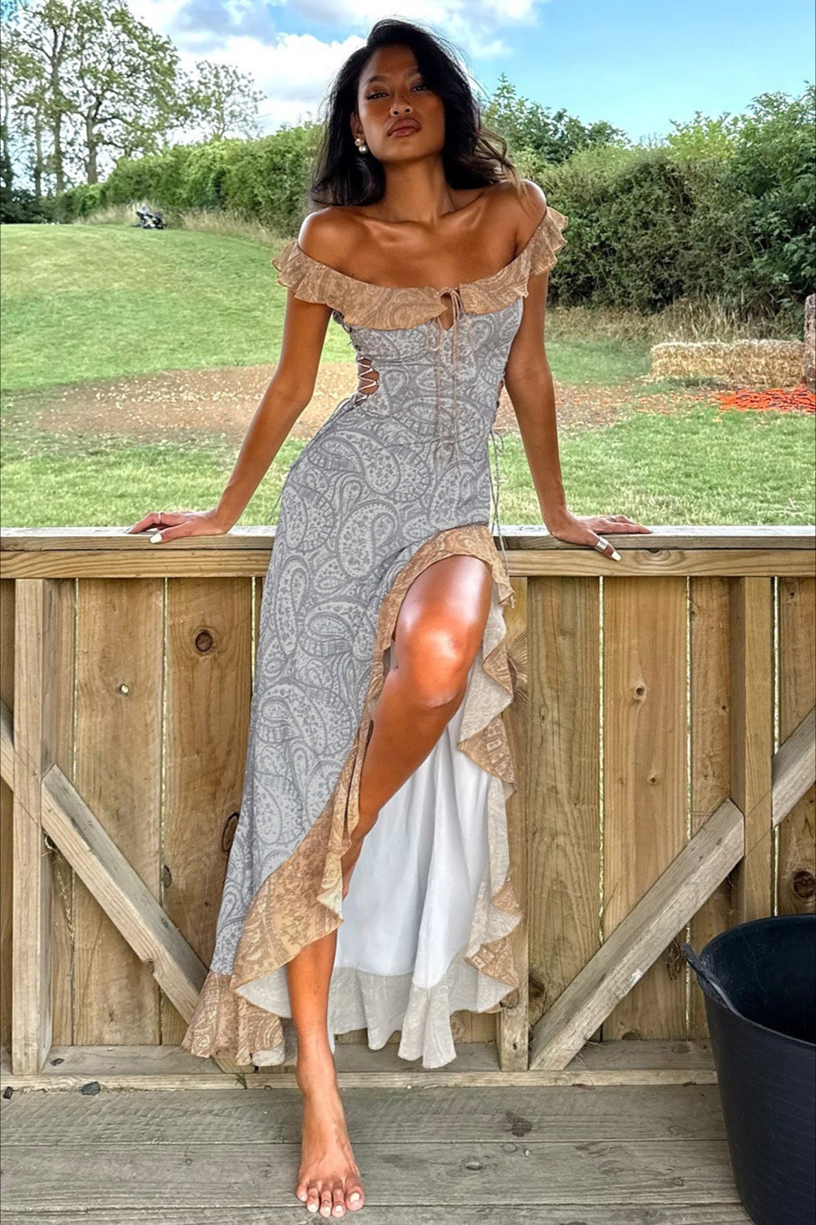 Strapless Sweetheart Ruched Gold Ring Draped Maxi Gown