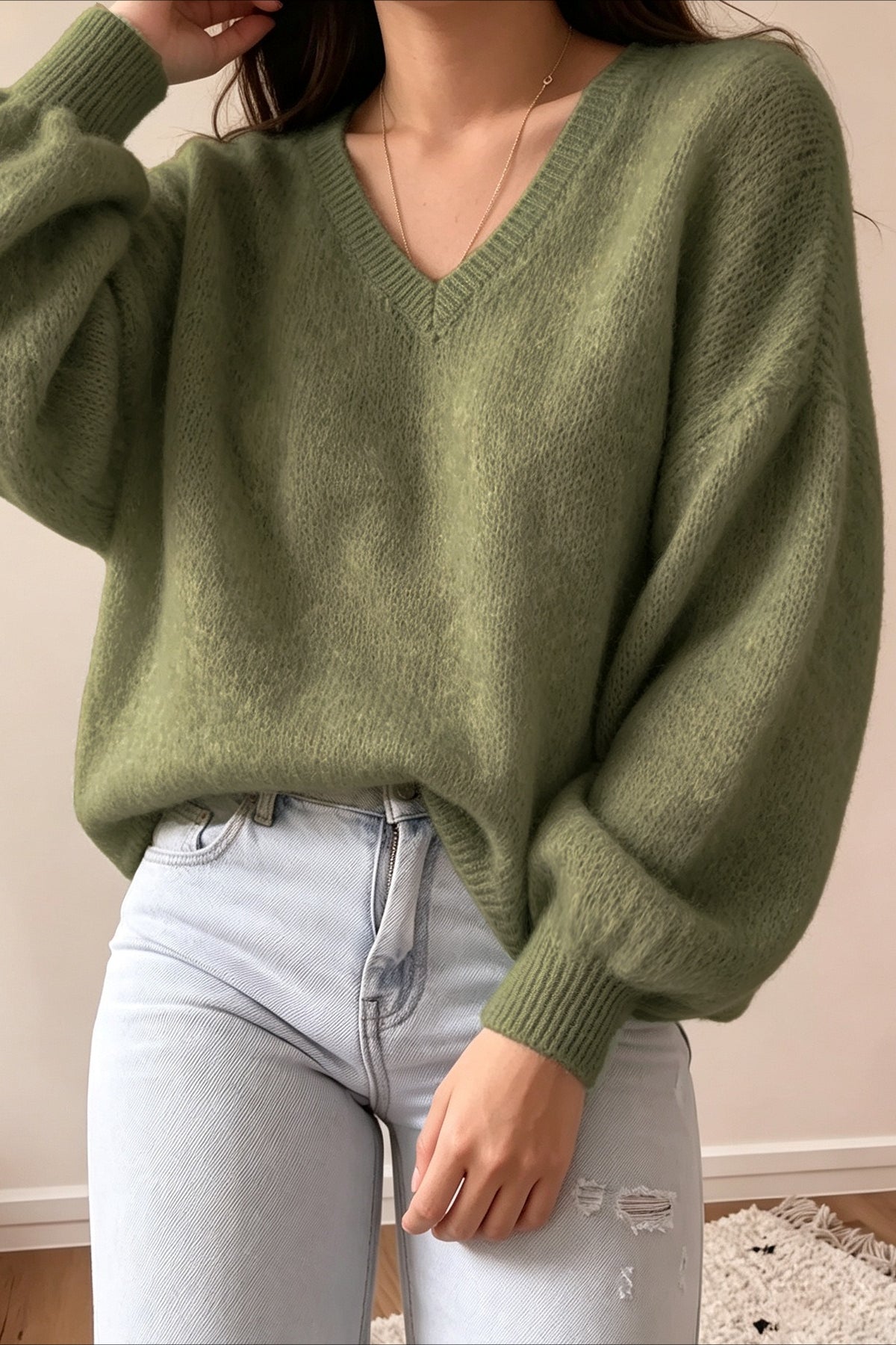 Oversized V Neck Balloon Sleeve Knit Sweater