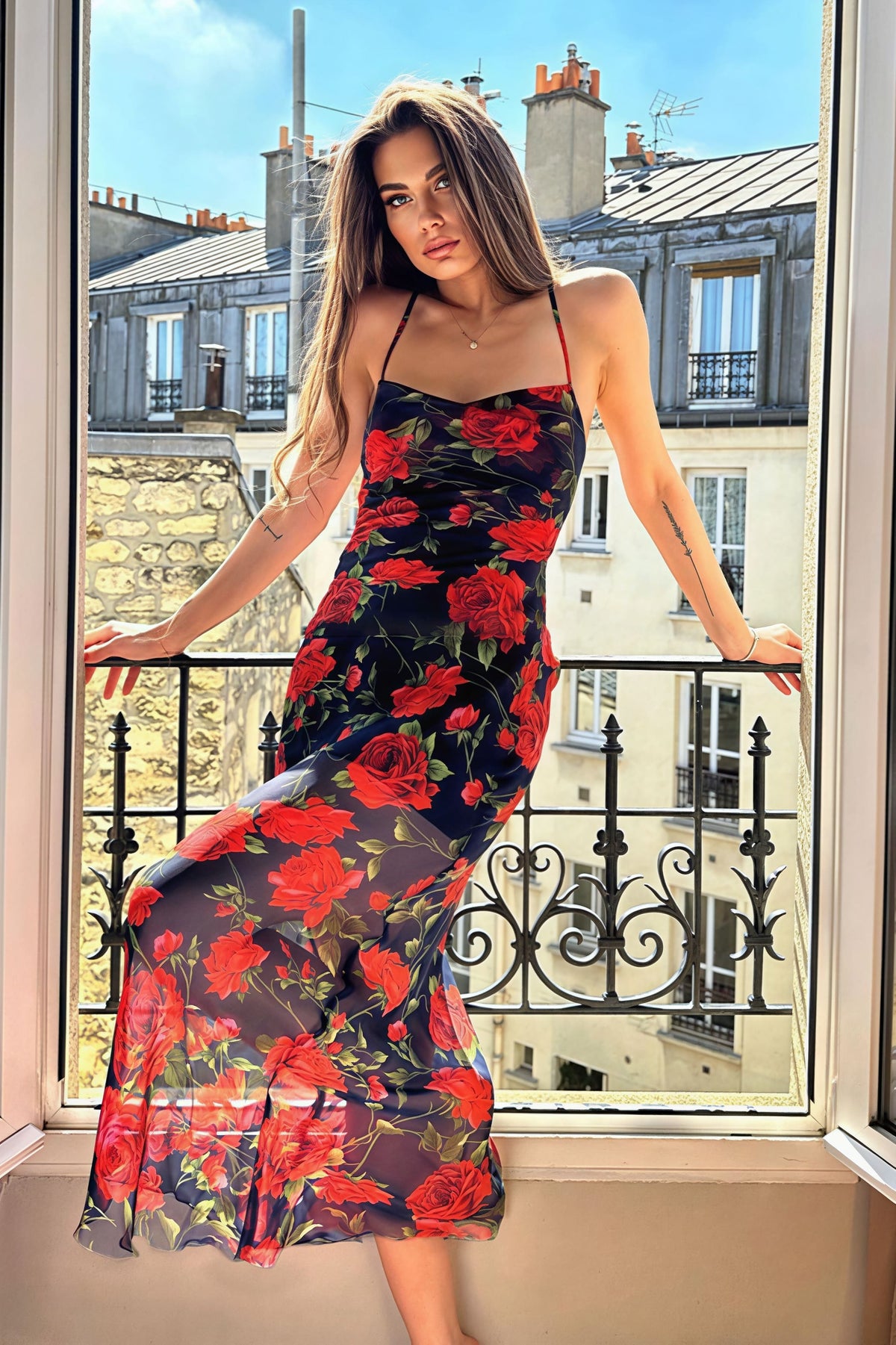Rose Print Cowl Neck Lace Up Back Slip Midi Dress
