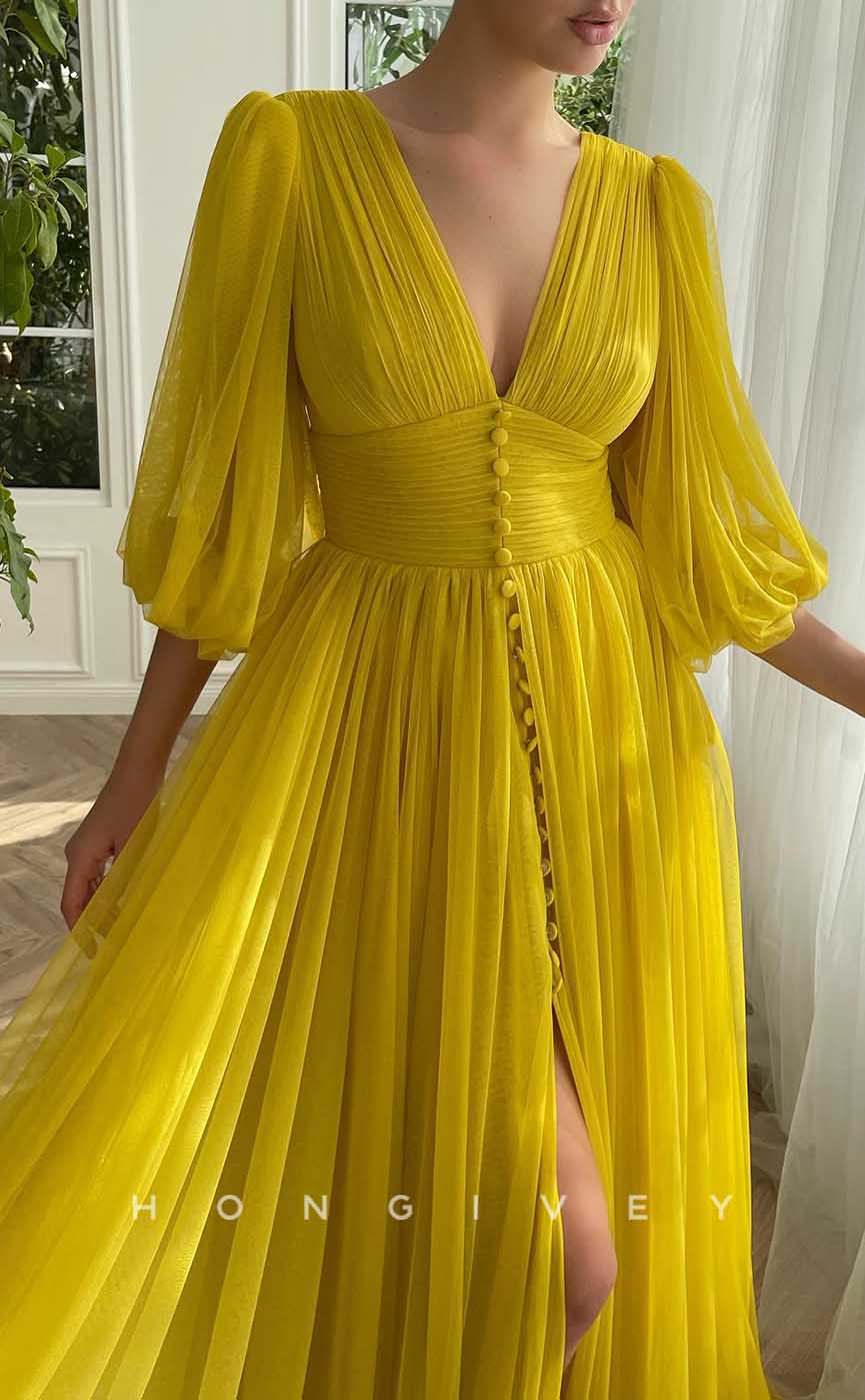 L2858 - Tulle A-Line V-Neck 3/4 Sleeves With Side Slit Party Prom Evening Dress - Fashionpara