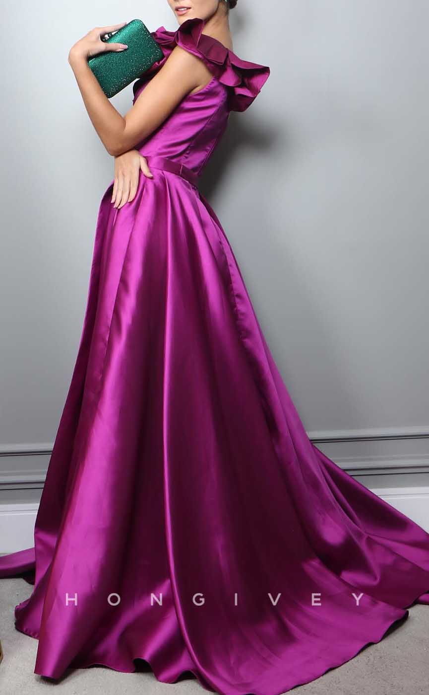 L2866 - Satin A-Line One Shoulder Ruffled With Side Slit Party Prom Evening Dress - Fashionpara