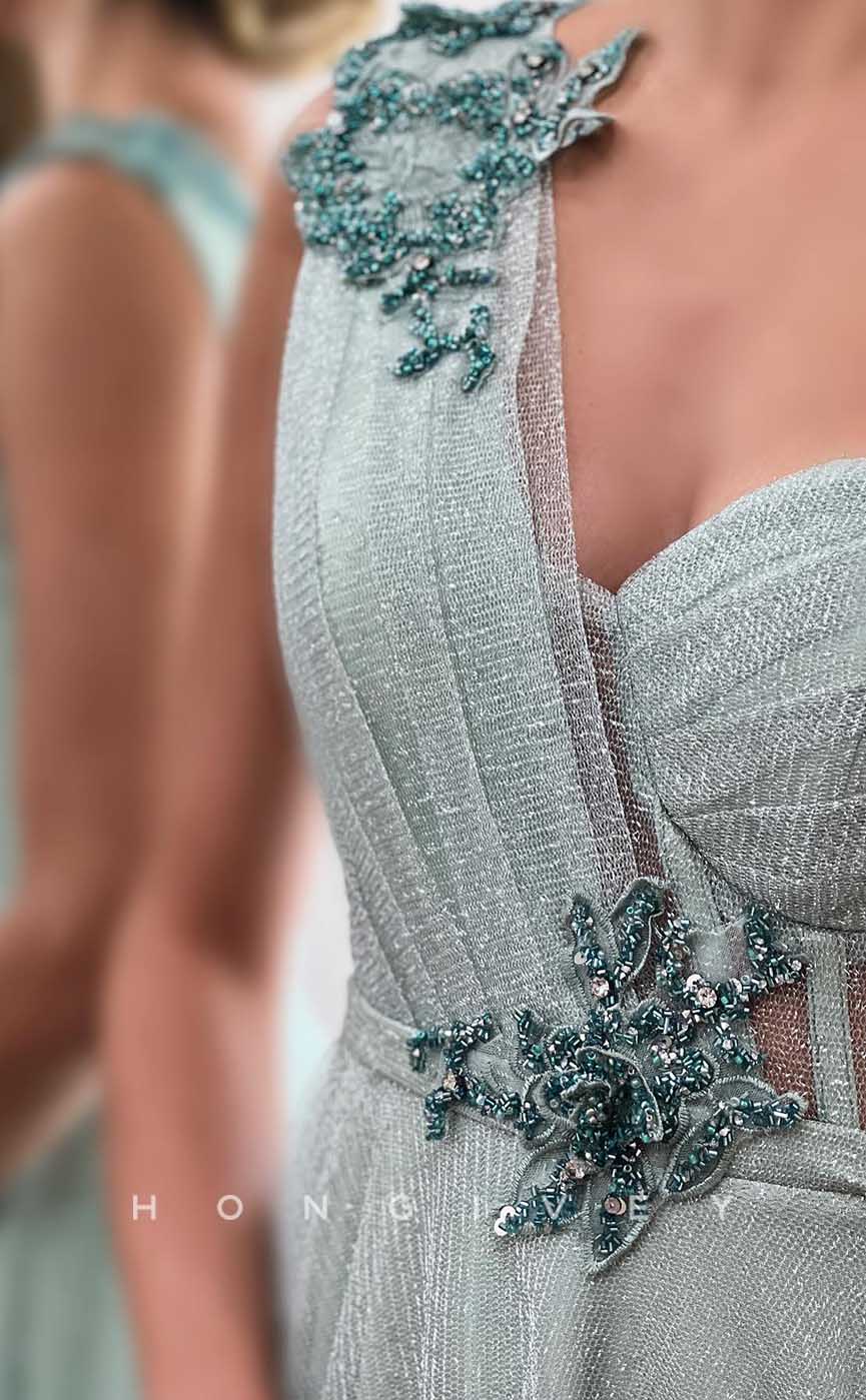 L2845 - One Shoulder Tulle A-Line Glitter Floral Embellished Party Prom Evening Dress - Fashionpara