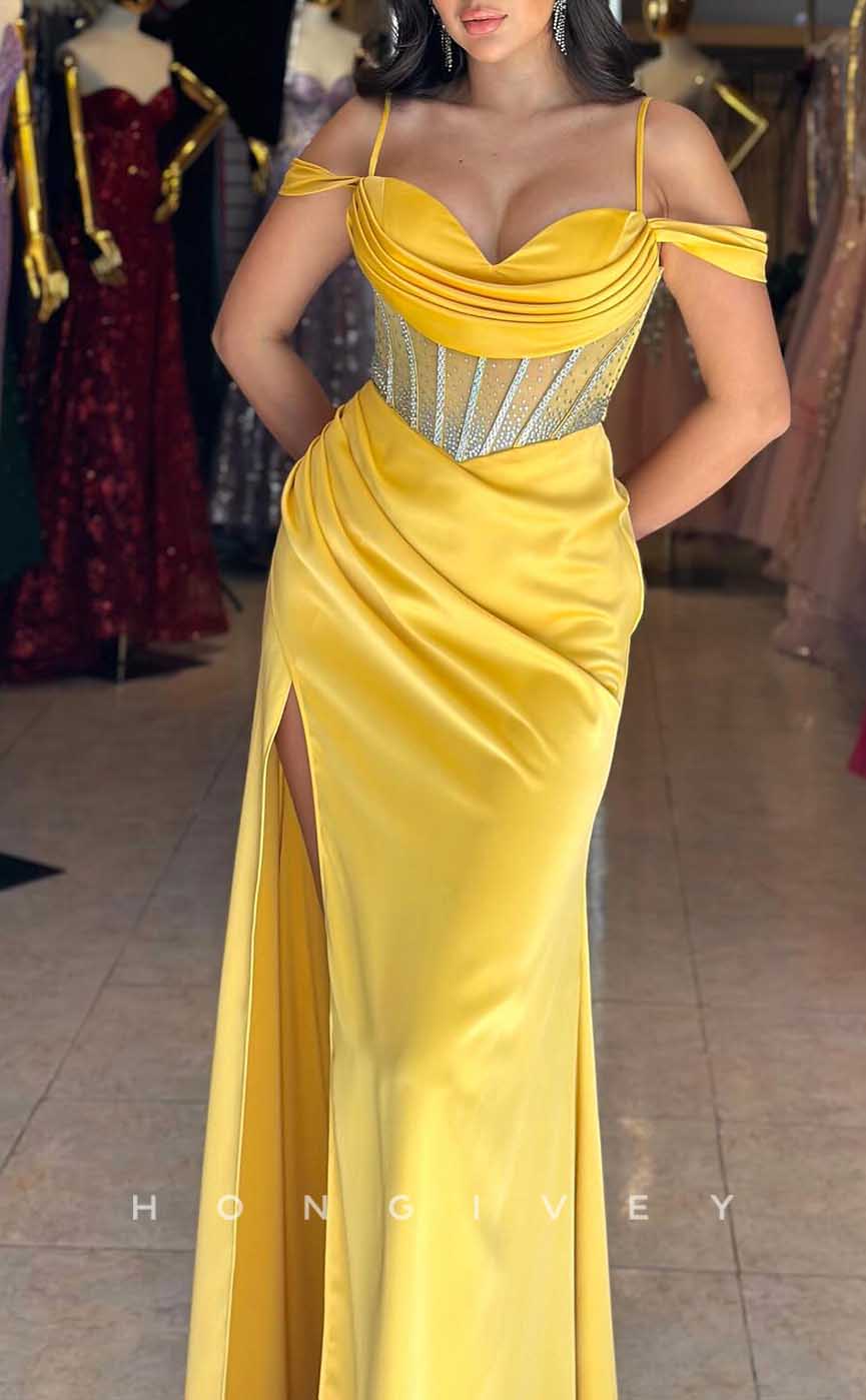 L2855 - Sheath Off-Shoulder Empire Pleats With Side Slit Party Prom Evening Dress - Fashionpara