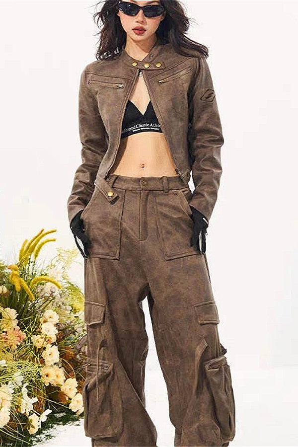 Distressed Suede Moto Stand-Collar Jacket
