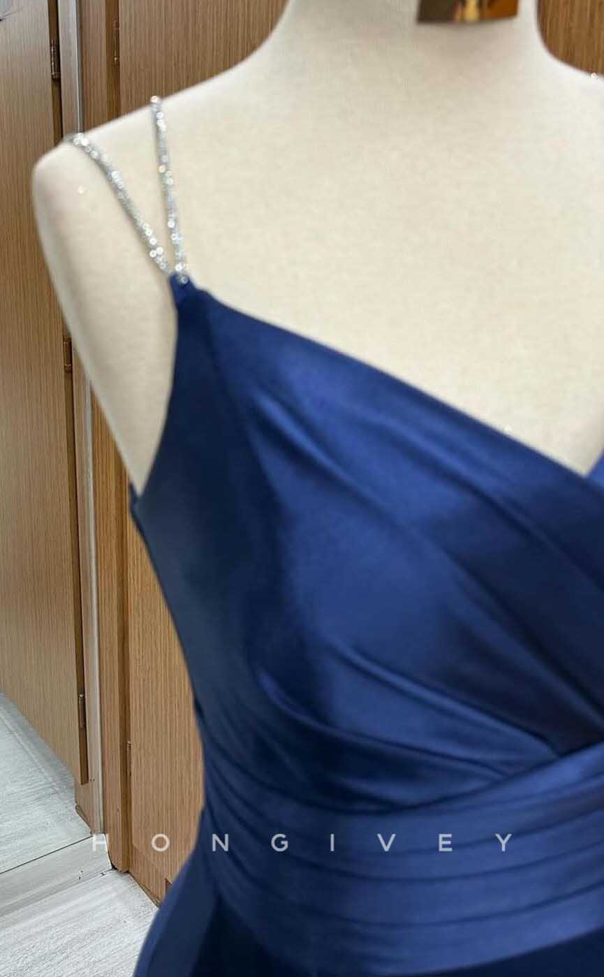 L2877 - V-Neck Spaghetti Straps Ruched With Train Party Prom Evening Dress - Fashionpara