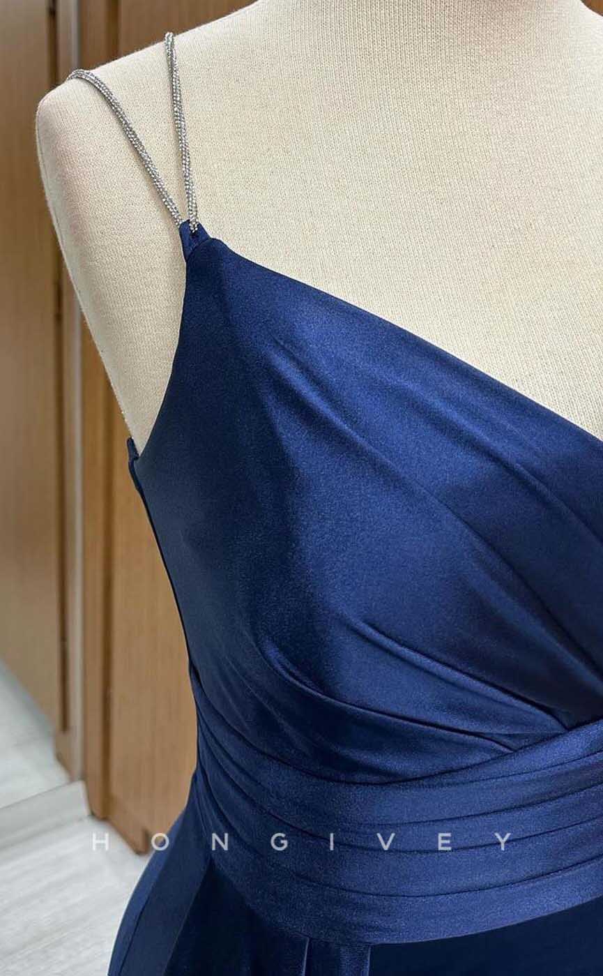 L2877 - V-Neck Spaghetti Straps Ruched With Train Party Prom Evening Dress - Fashionpara