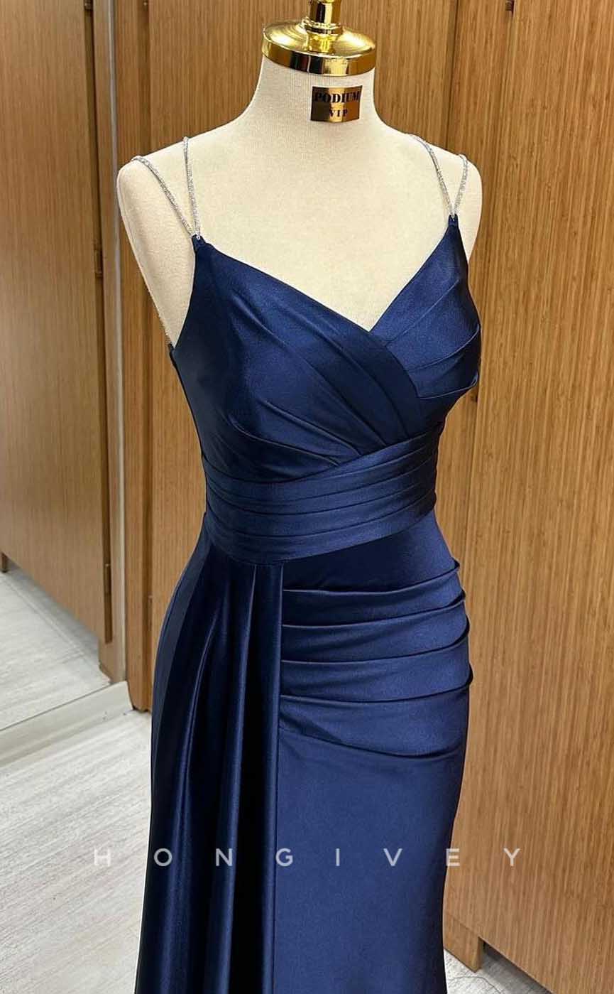 L2877 - V-Neck Spaghetti Straps Ruched With Train Party Prom Evening Dress - Fashionpara