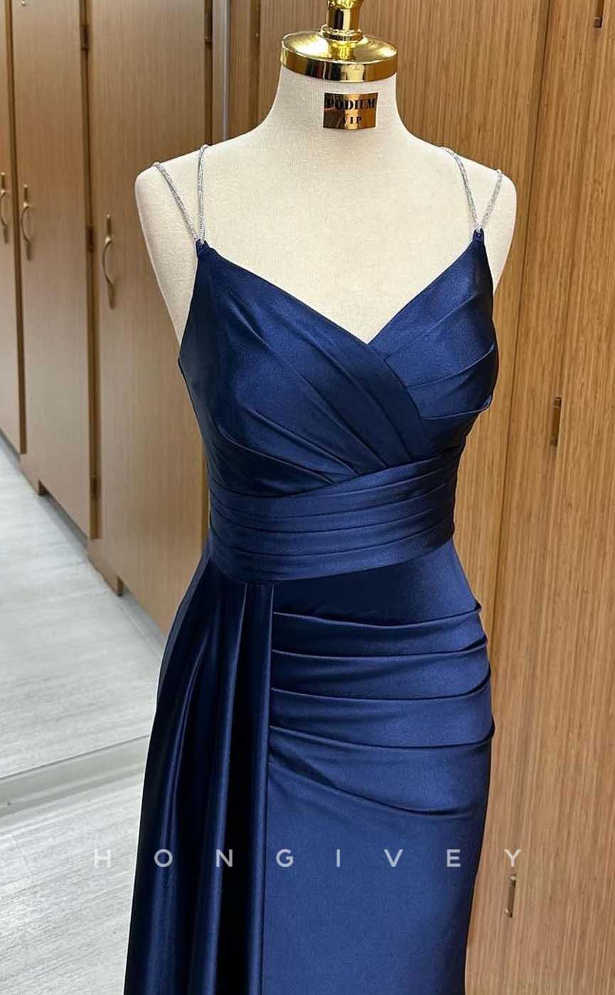L2877 - V-Neck Spaghetti Straps Ruched With Train Party Prom Evening Dress - Fashionpara