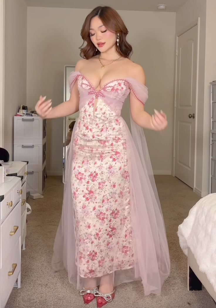 Sweet Off The Shoulder Pink Satin Print Floral Long Evening Dress Formal Birthday Party Gown D1540