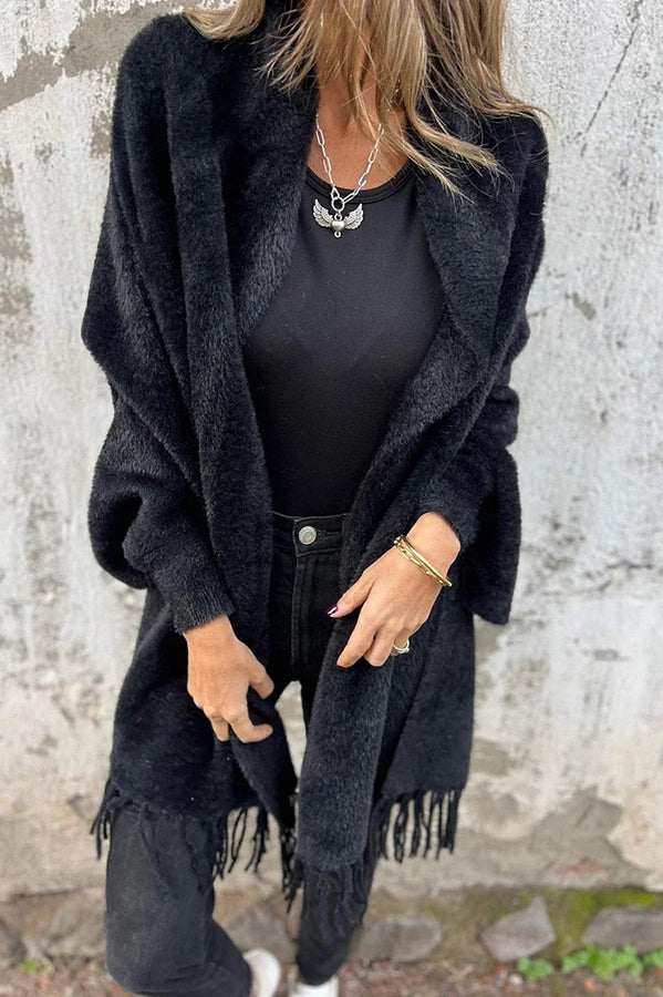 Relaxed Knit Plush Shawl Cardigan with Tassel Trim
