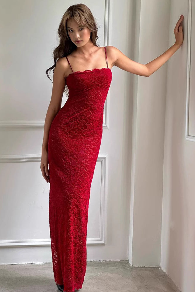Elegant Red Lace Strapless Cami Bodycon Maxi Dress