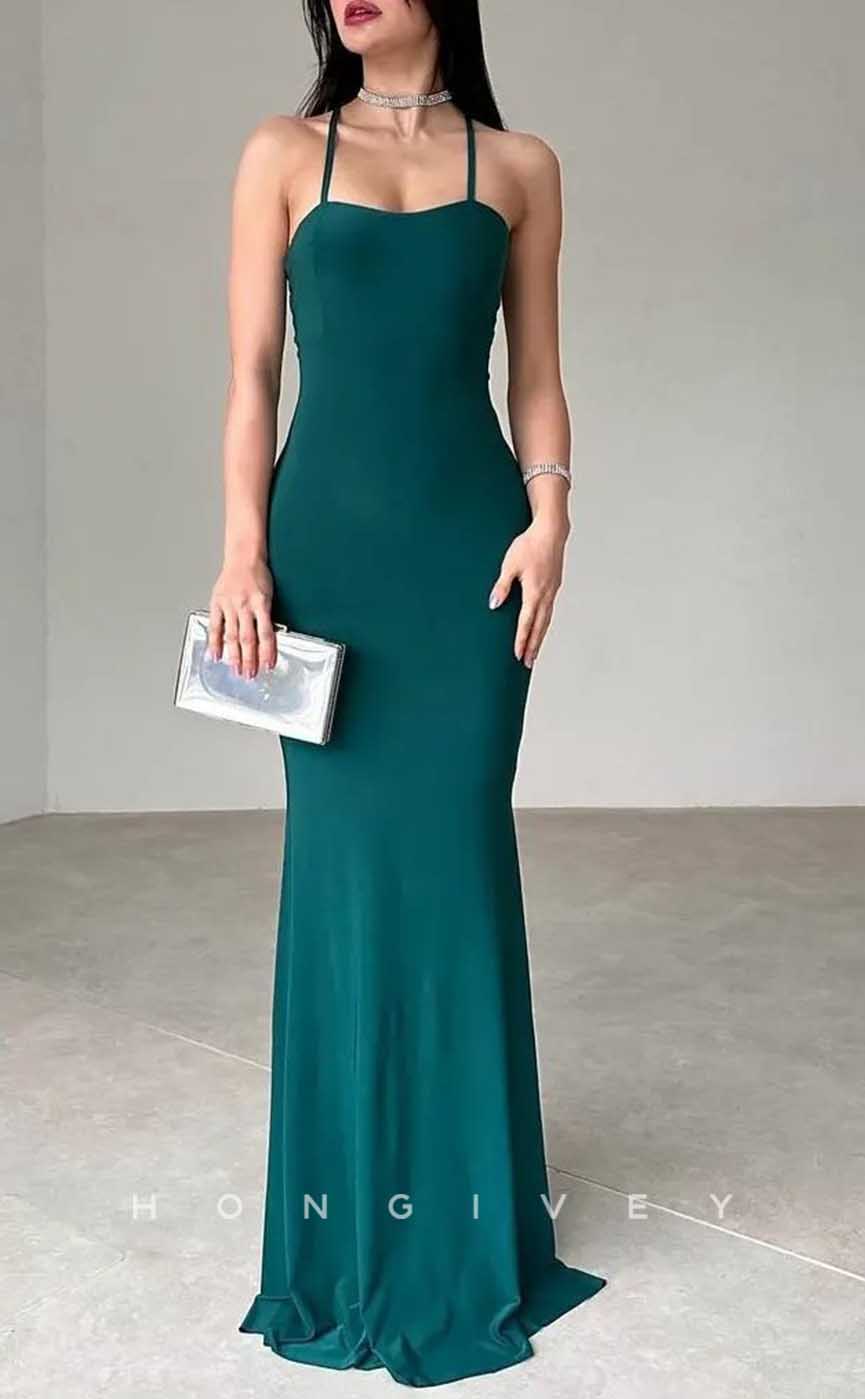 L2875 - Satin Fitted Spaghetti Straps Sleeveless  Lace-Up Party Prom Evening Dress - Fashionpara