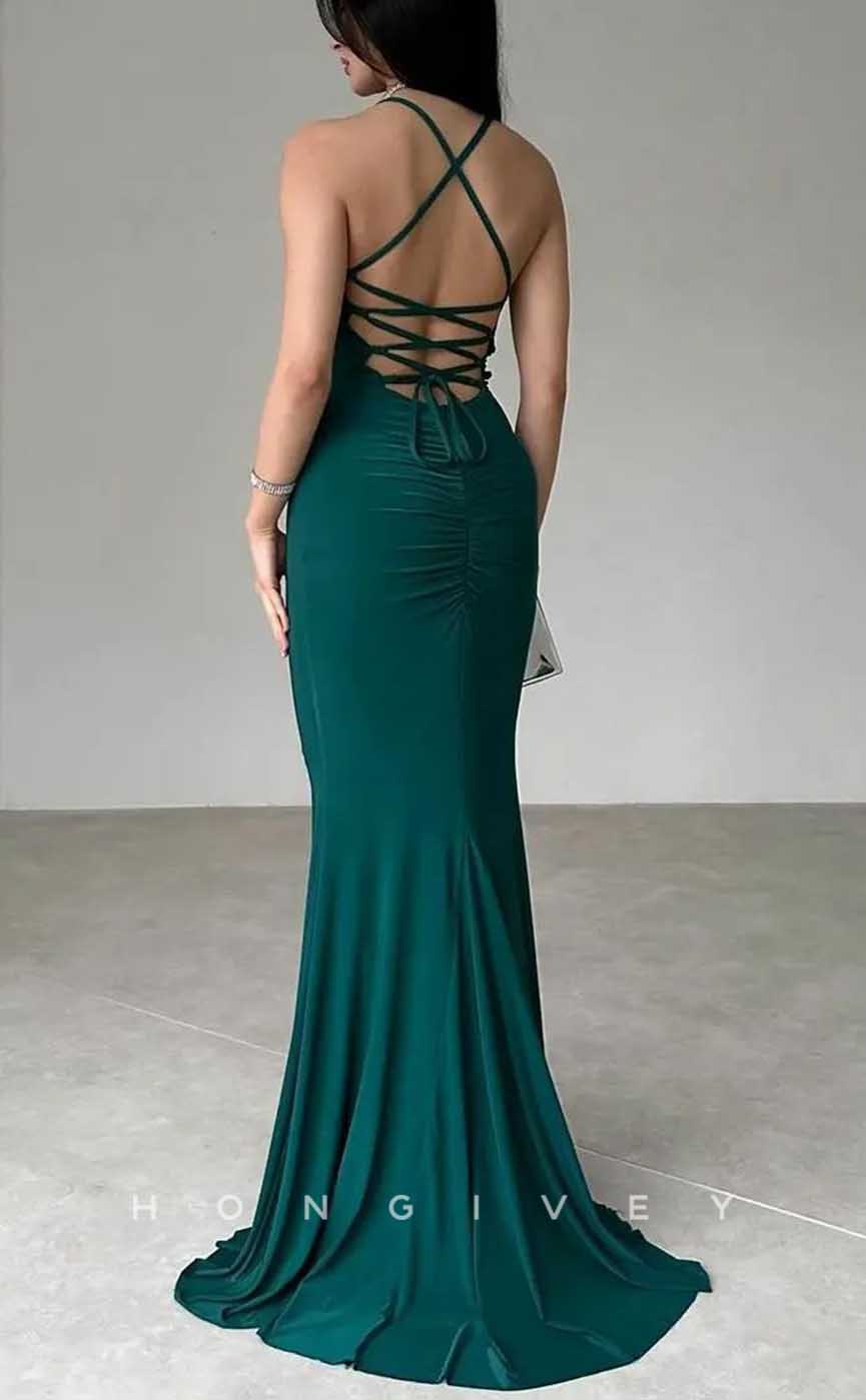 L2875 - Satin Fitted Spaghetti Straps Sleeveless  Lace-Up Party Prom Evening Dress - Fashionpara