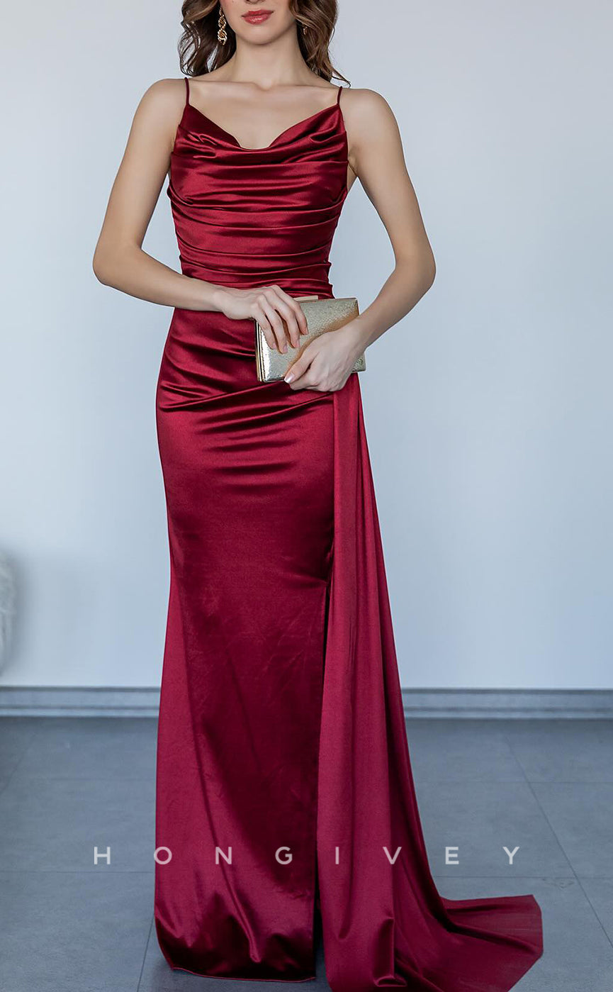 L2954 - Satin Trumpet Spaghetti Straps Ruched With Side Slit Party Prom Evening Dress - Fashionpara