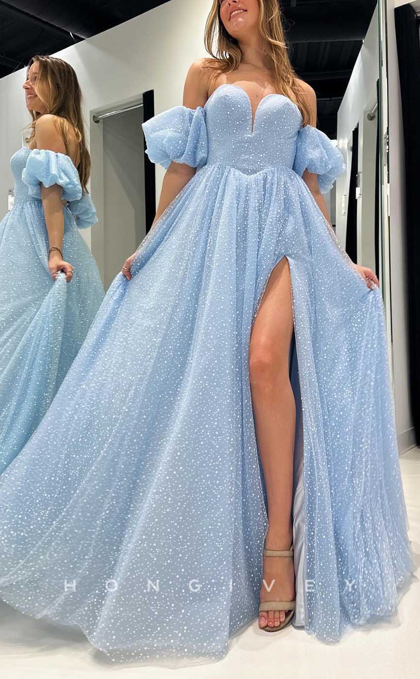 L2878 - A-Line Sweetheart Puff Sleeves With Side Slit Party Prom Evening Dress - Fashionpara