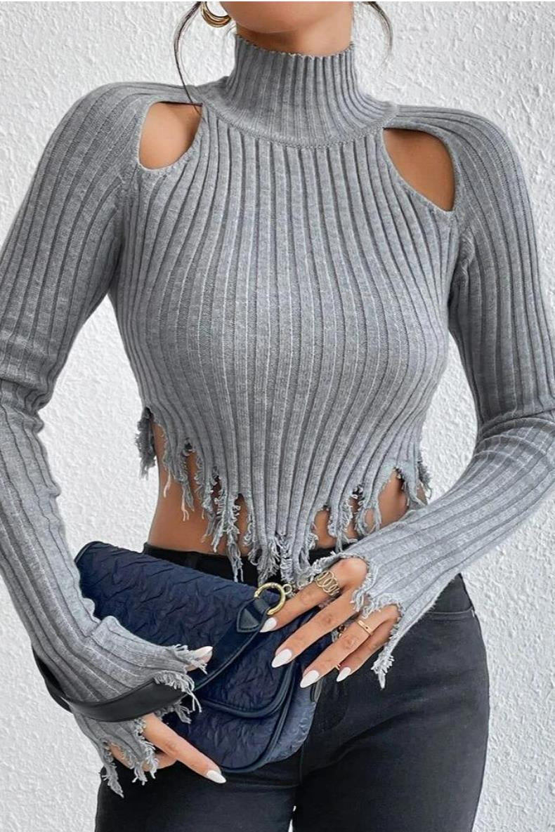 PrincessAce Distressed High Neck Cropped Knit Sweater
